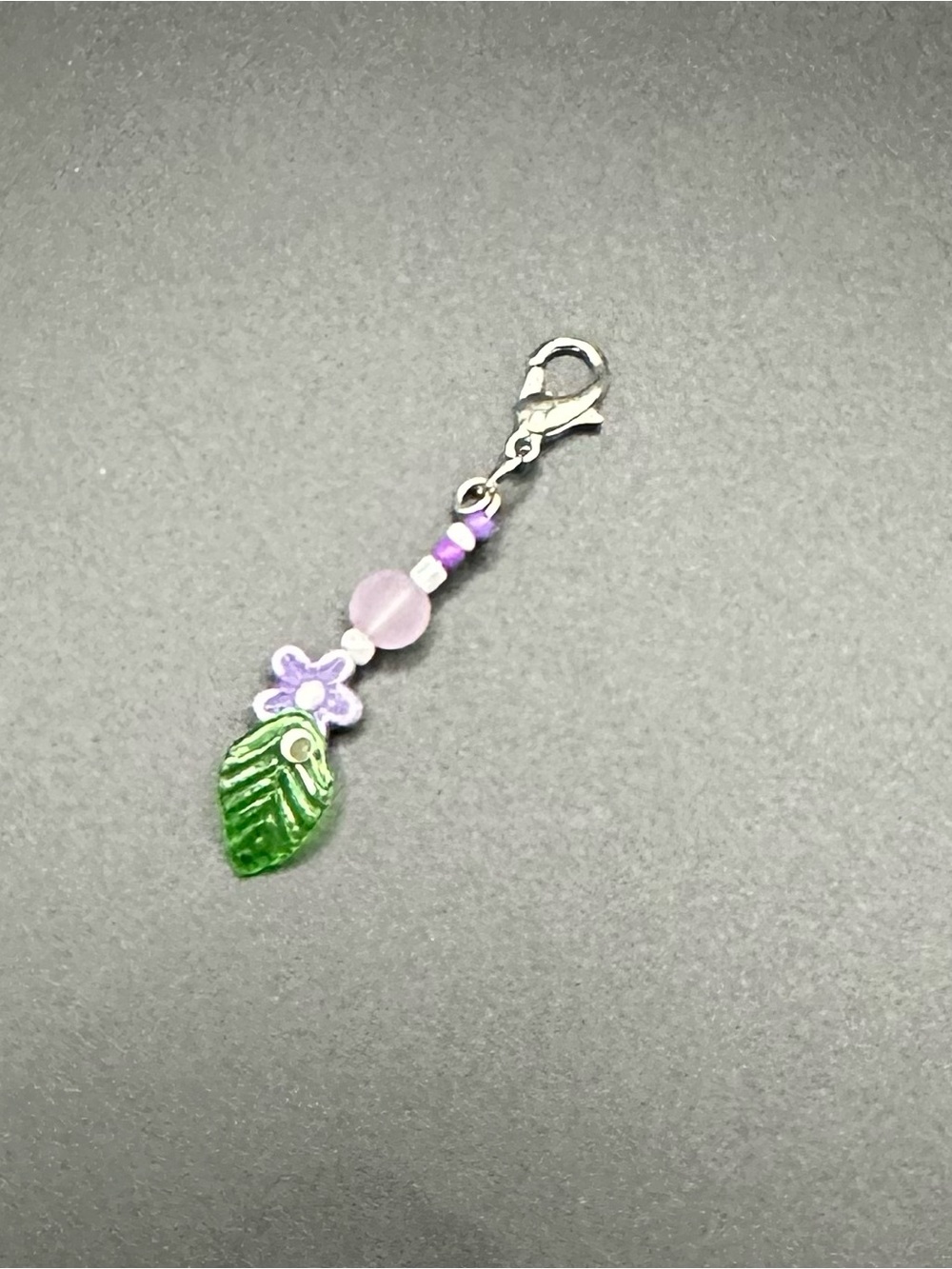 Zipper Pull Purple Floral & Green Leaf Charm Pendant for Women